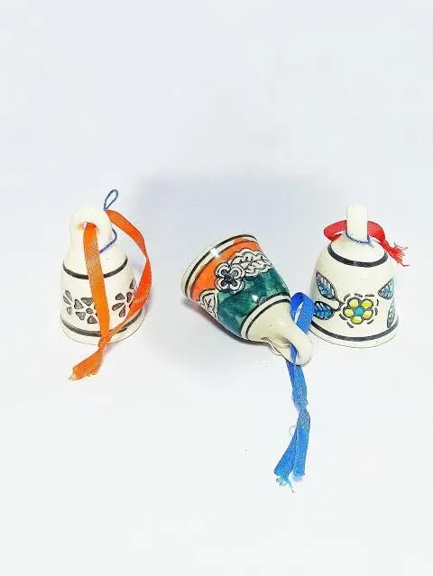 Shopping Shots Set of 3 Ceramic Bells (Small, Height 2.5 inch) Hand Painted for mandir aarti pujan, Wall hangings, Wind chymes, Entry Gates, Home Decor