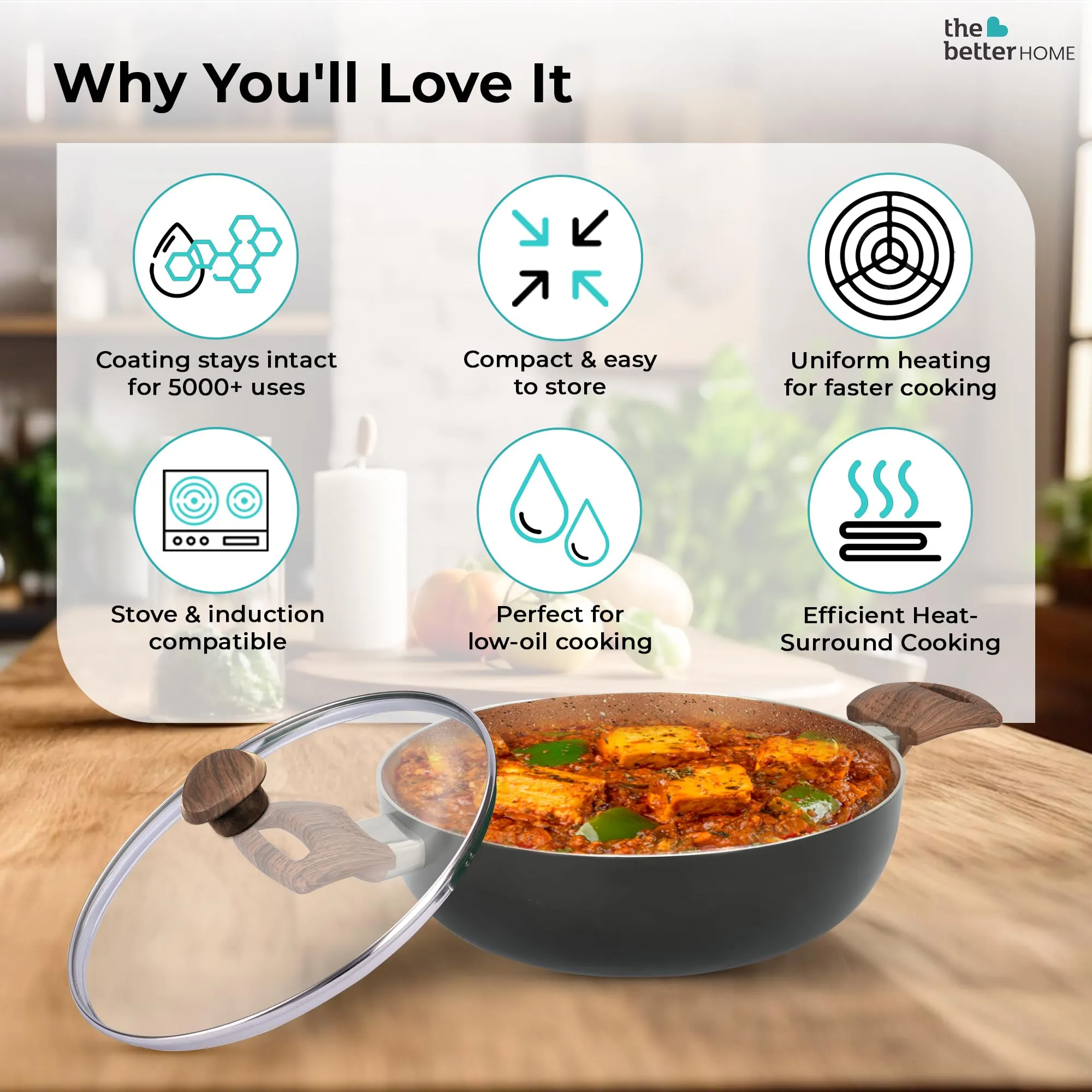 The Better Home Non Stick Handi with Lid (3L) | Big Biryani Handi| Gas Stove Cookware | Durable, Non-Toxic | Easy Grip Handle | Heat Surround Cooking | Handi Pot for Cooking