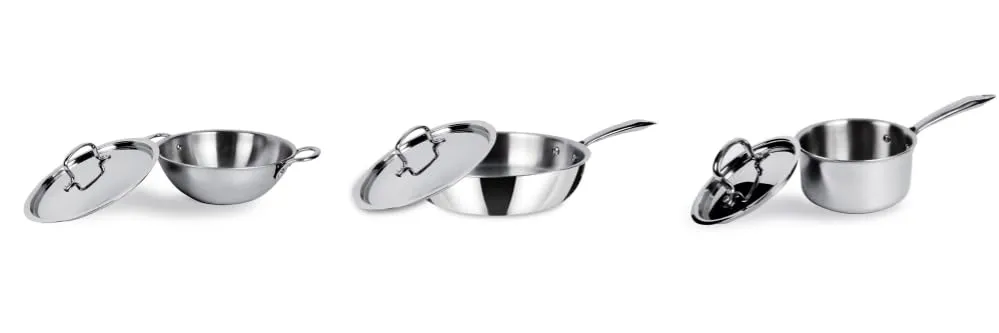 USHA SHRIRAM Triply Stainless Steel Kadai (2.2L), Sauce Pan (2.2L), Fry Pan (1.5L) with Lid | Triply Cookware with Stove & Induction Base | Heat Surround Cooking | Triply Stainless Steel Cookware Set