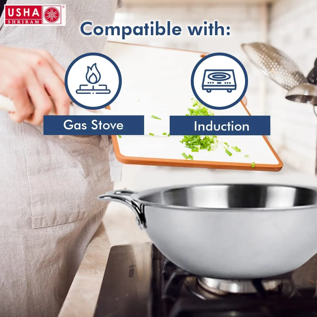 USHA SHRIRAM Triply Stainless Steel Kadai (2.2L), Sauce Pan (2.2L), Fry Pan (1.5L) with Lid | Triply Cookware with Stove & Induction Base | Heat Surround Cooking | Triply Stainless Steel Cookware Set