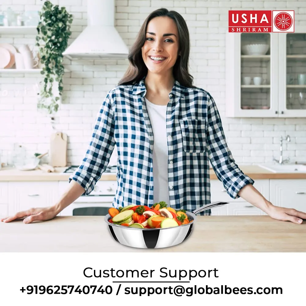 USHA SHRIRAM Triply Stainless Steel Kadai (2.2L), Sauce Pan (2.2L), Fry Pan (1.5L) with Lid | Triply Cookware with Stove & Induction Base | Heat Surround Cooking | Triply Stainless Steel Cookware Set
