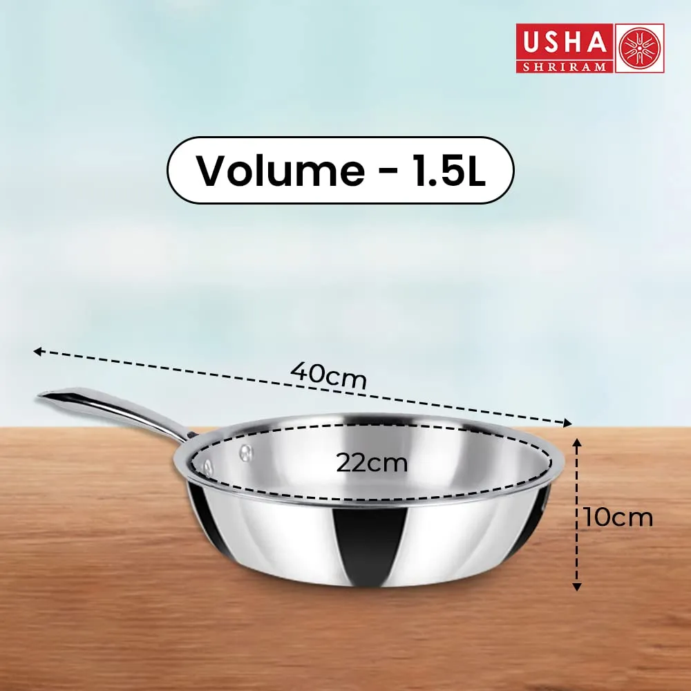 USHA SHRIRAM Triply Stainless Steel Kadai (2.2L), Sauce Pan (2.2L), Fry Pan (1.5L) with Lid | Triply Cookware with Stove & Induction Base | Heat Surround Cooking | Triply Stainless Steel Cookware Set