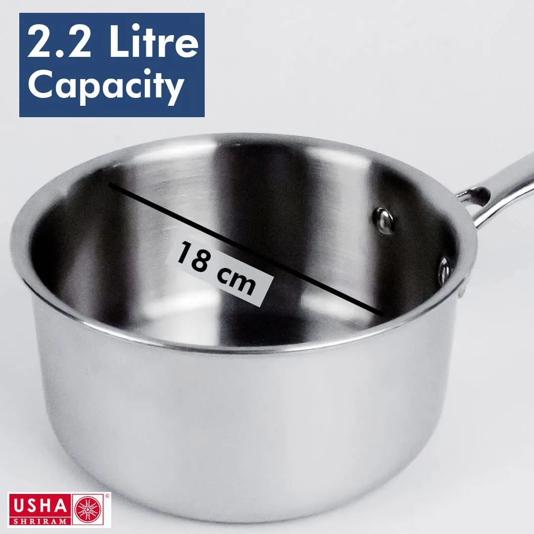 USHA SHRIRAM Triply Stainless Steel Kadai (2.2L), Sauce Pan (2.2L), Fry Pan (1.5L) with Lid | Triply Cookware with Stove & Induction Base | Heat Surround Cooking | Triply Stainless Steel Cookware Set