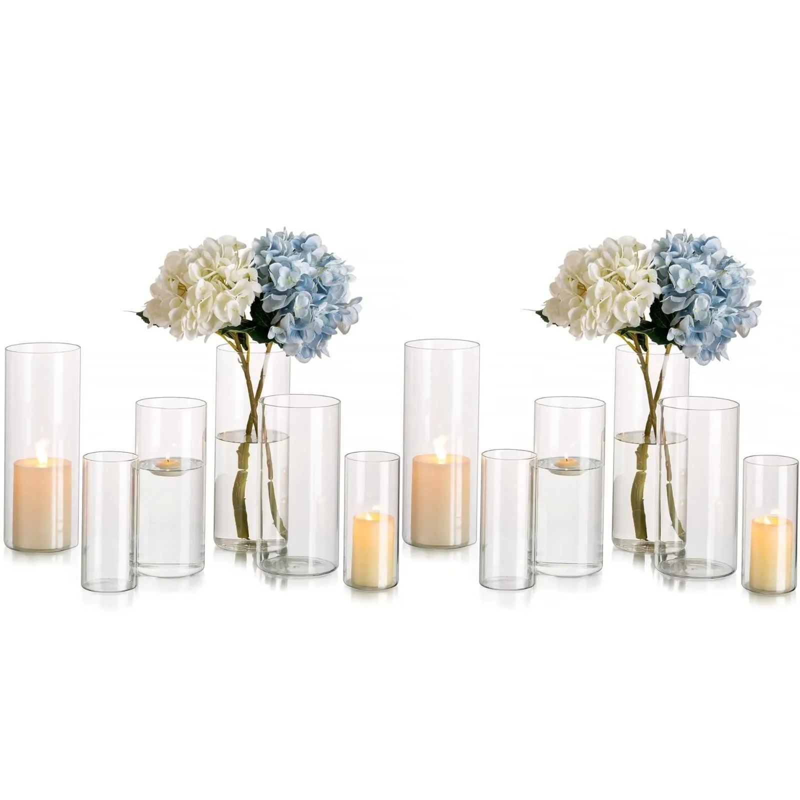 Set of 12 Elegant Clear Glass Cylinder Vases in Small, Medium, and Large Sizes (6, 8 & 10) for Wedding Table Centerpieces and Floral Decorations