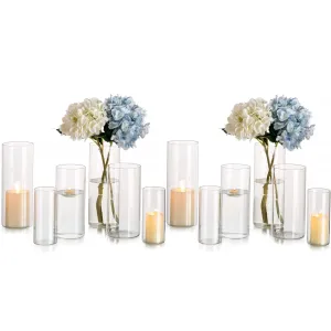 Set of 12 Elegant Clear Glass Cylinder Vases in Small, Medium, and Large Sizes (6, 8 & 10) for Wedding Table Centerpieces and Floral Decorations